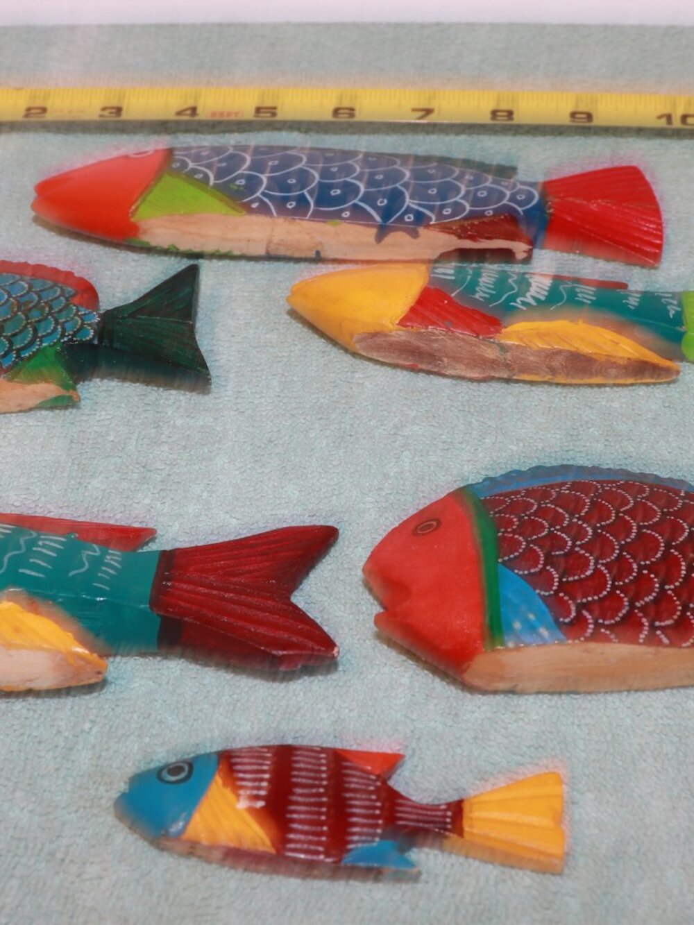 Lot Of 6 Vintage Hand Carved Painted Fish Mexican Wood Folk Art